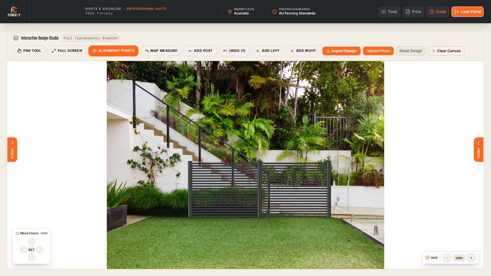 A fence drawn onto the yard photo with colour and height options selected and a gate added.