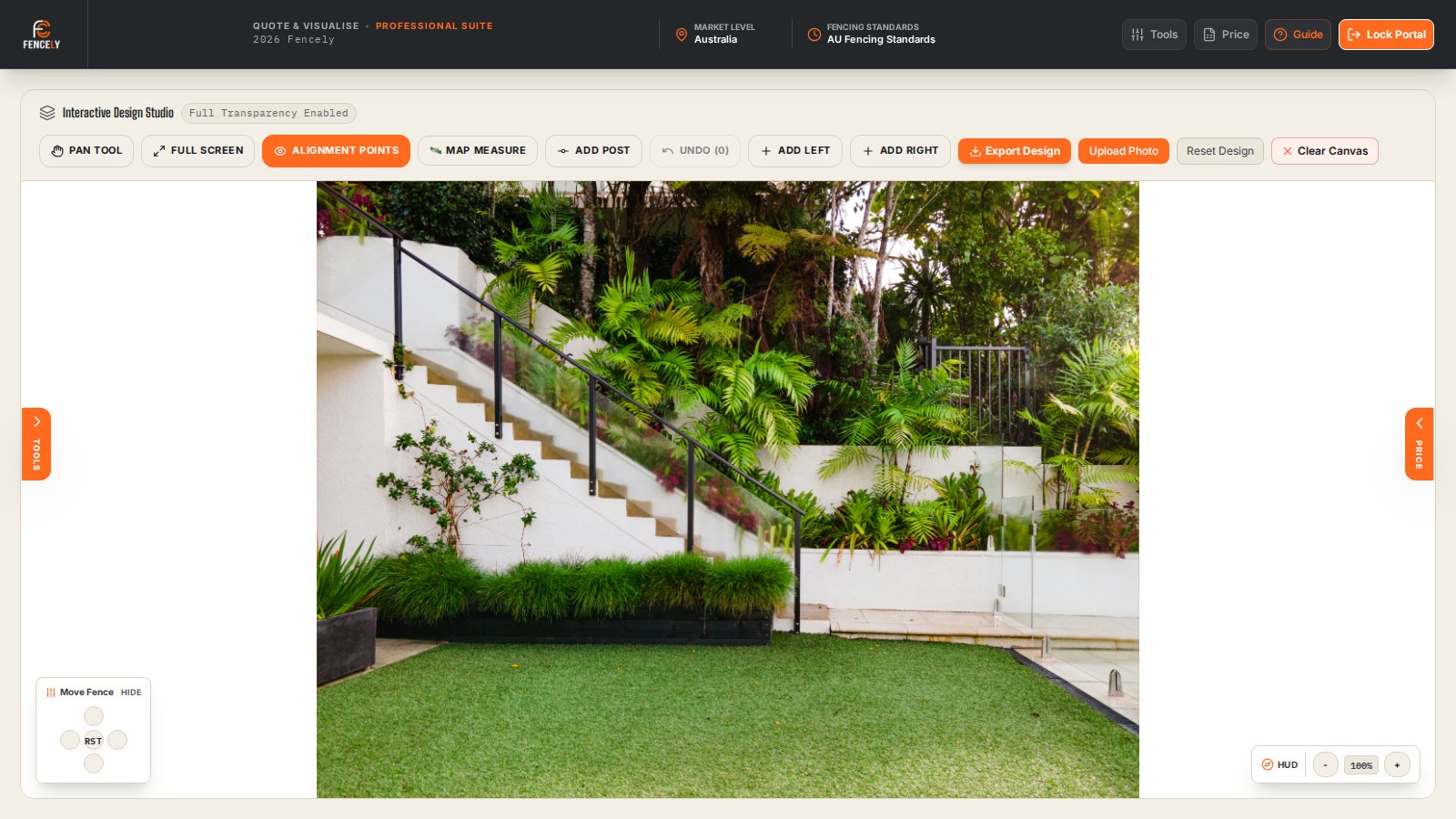 An empty Fencely canvas showing a freshly uploaded photo of a client's yard, ready to draw on.